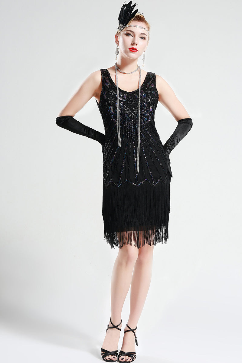 [Australia] - BABEYOND Women's Flapper Dresses 1920s V Neck Beaded Fringed Dress Great Gatsby Dress Black Medium 
