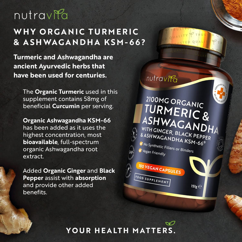 [Australia] - Organic Turmeric 2100mg (High Strength) & Ashwagandha KSM-66 � with Ginger & Black Pepper - 180 Vegan Capsules (2 Month Supply) - Ayurveda Supplement - Made in The UK by Nutravita 