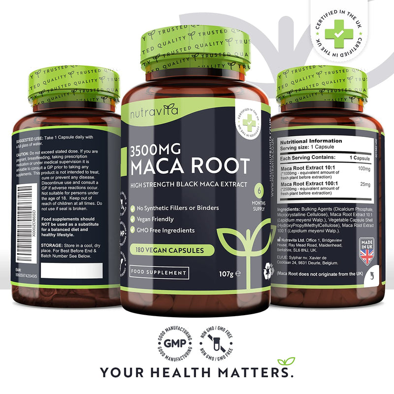 [Australia] - Maca Root Capsules 3500mg – 180 Vegan Capsules – High Strength Maca Root Extract – 6 Month Supply – Made in The UK by Nutravita 