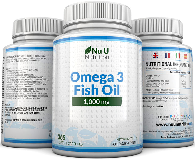 [Australia] - Omega 3 Fish Oil 1000mg - 365 Softgel Capsules - Up to 12 Month�s Supply - Pure Fish Oil with Balanced EPA & DHA - Contaminant Free Omega 3 - Made in The UK by Nu U Nutrition 