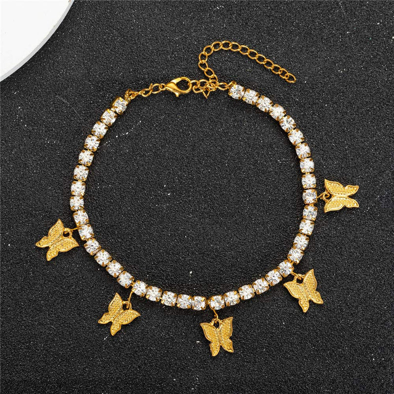 [Australia] - Butterfly Anklet for Women Teen Girls, 18K Gold / White Gold Plated Rhinestone Inlay Chain Tennis Ankle Bracelet with Extension 