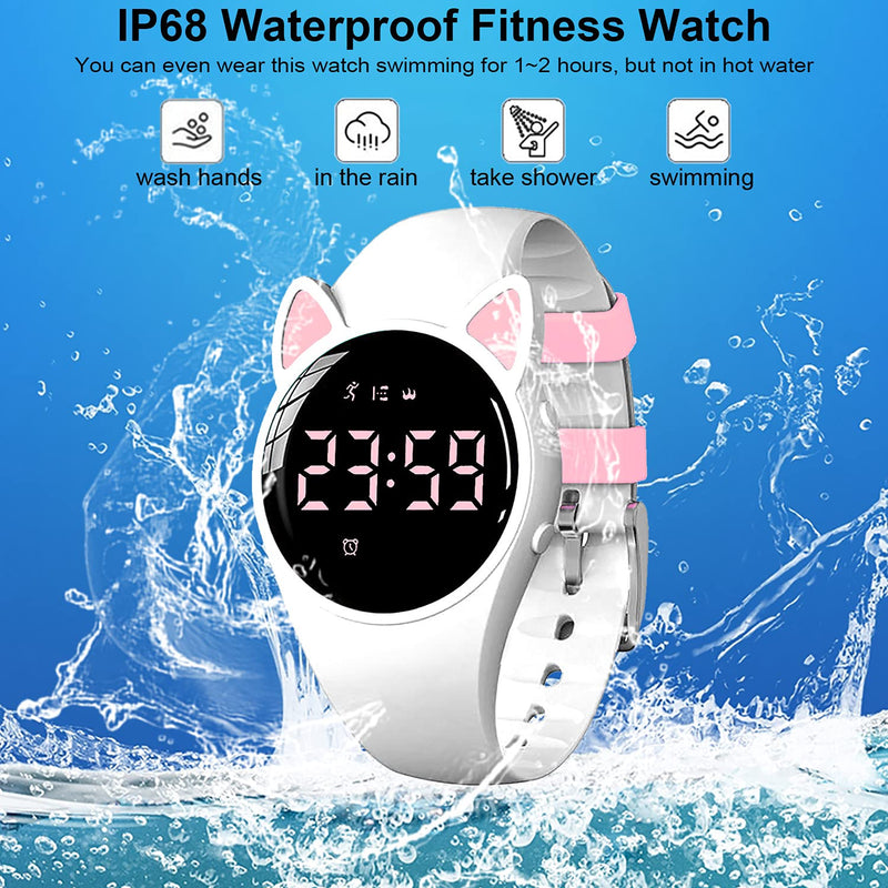 [Australia] - HUYVMAY Fitness Tracker Pedometer Watch No App No Phone Required, USB Charge 1 Hour for 20 Days Use, IP68 Waterproof Watch with Alarm Clock Timer Distance Calorie Step Tracker for Kids and Women White+Pink 