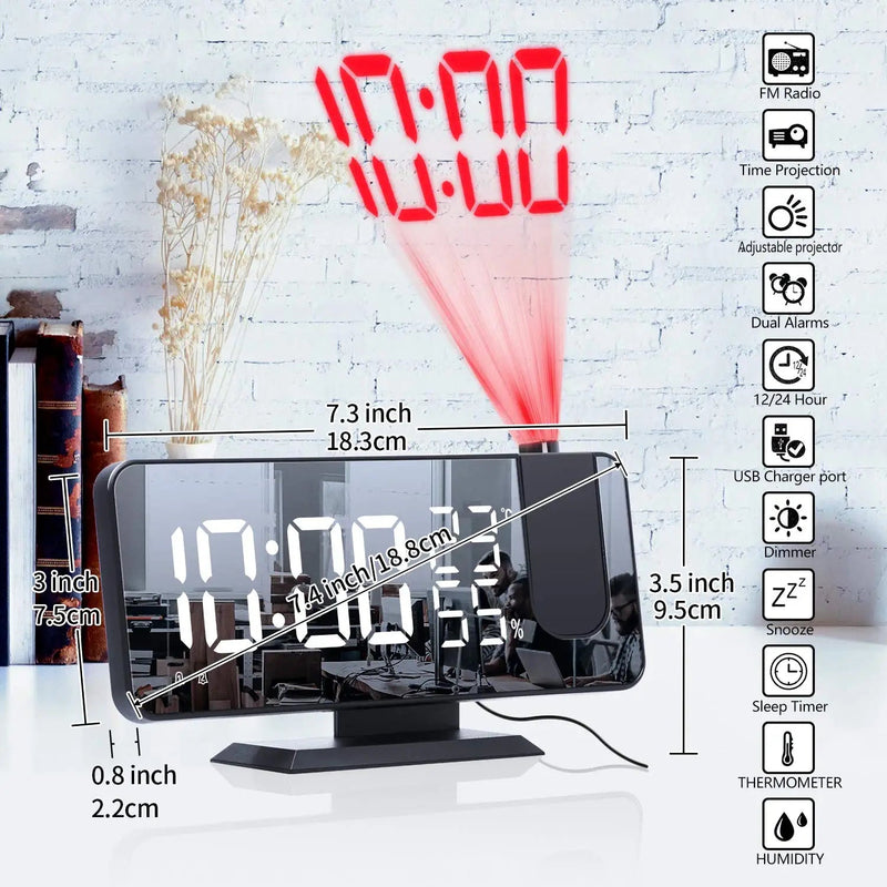 [Australia] - Projection Digital Alarm Clock for Bedrooms, Radio Alarm Clock on Ceiling, USB Charger Port, Temperature & Humidity Display, 7.3” Large Mirror LED Display,12/24H,Snooze,Dual Loud Alarm Clock- 4 Dimmer Black 