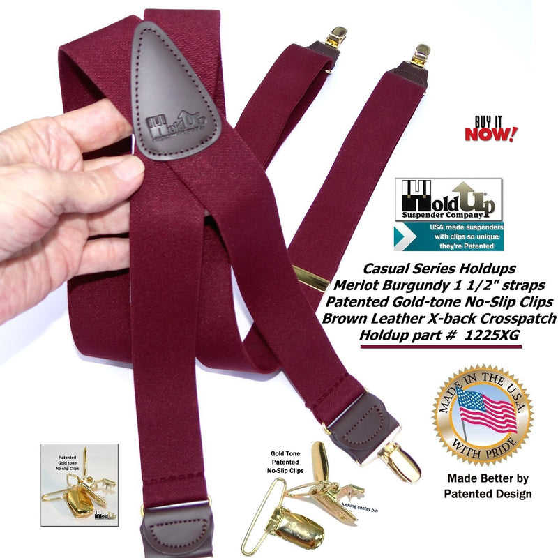 [Australia] - HoldUp Brand Merlot Burgundy X-back Suspenders with patented No-Slip Gold-tone center pin clips 