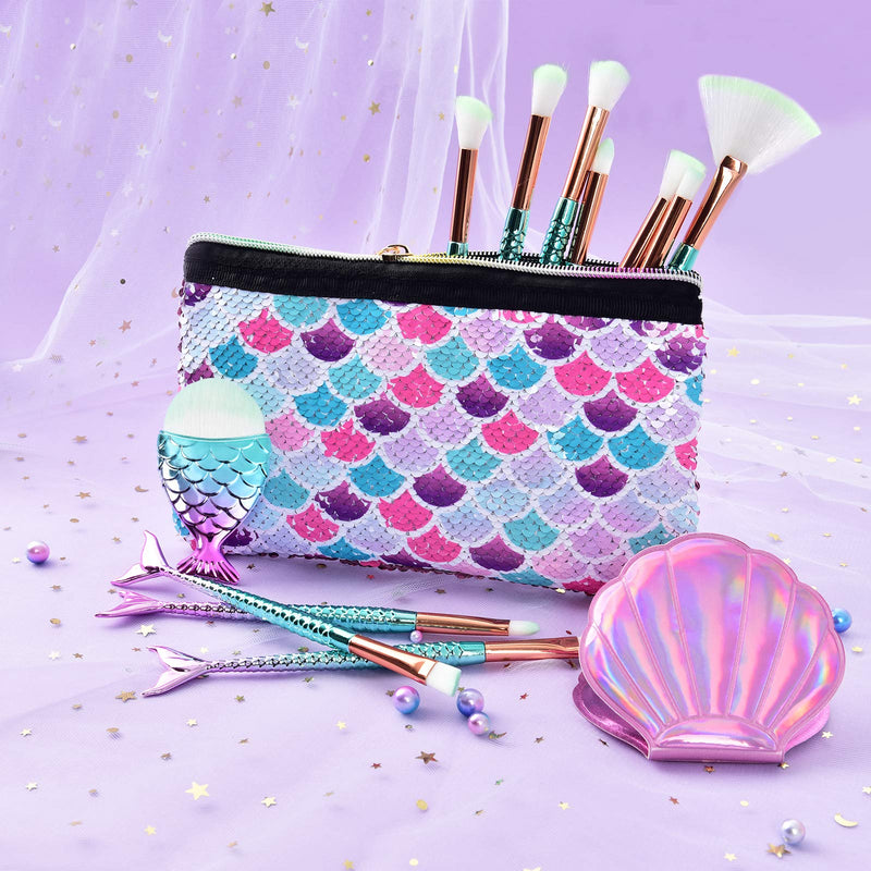 [Australia] - Mermaid Makeup Brush Sets with Bag - 13 PCS Beauty Makeup Tools Eye Shadows Eyeliner Concealer Foundation Blending Blush Brushes Shell Compact Pocket Mirror Sequins Cosmetic Case Bag Mermaid A 