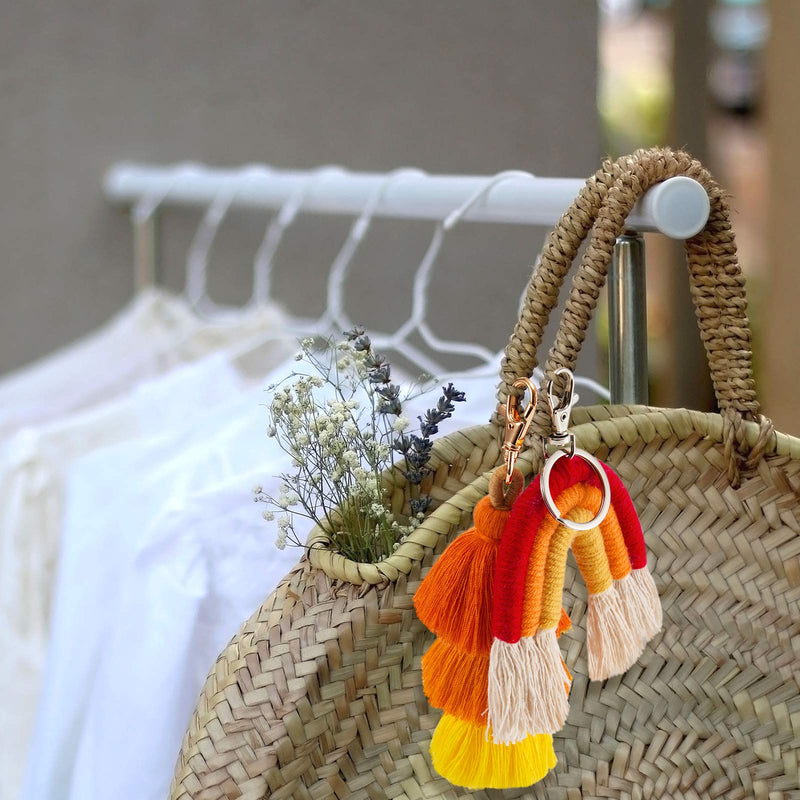 [Australia] - 2 Pieces Boho Rainbow Keychains Pom Pom Tassel Macrame Keychains for Women Girls Bright Color 