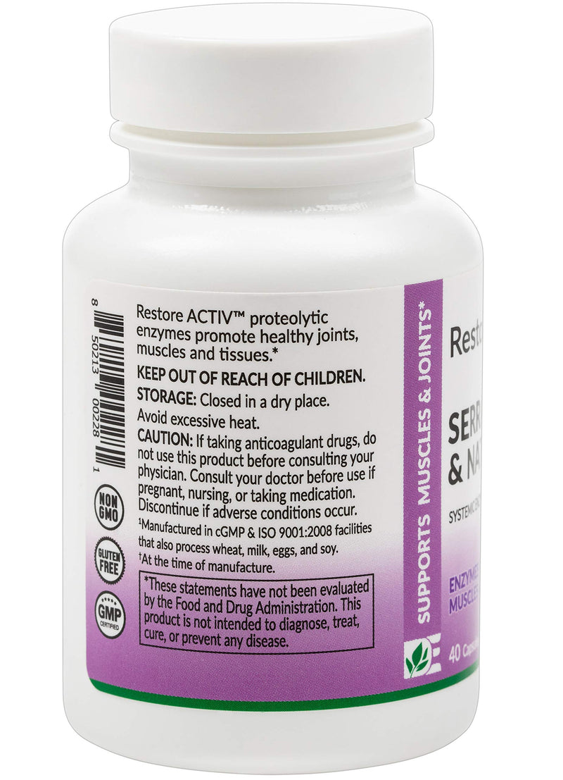 [Australia] - Restore ACTIV -Muscle, Joint & Tissue Support, Enteric-Coated Serrapeptase and Nattokinase - Systemic Enzymes | 40 Count 40 Count (Pack of 1) 