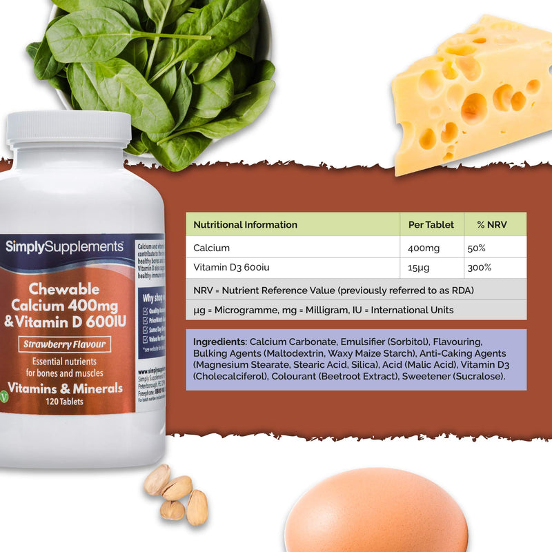 [Australia] - Chewable Calcium & Vitamin D3 Tablets | Vegetarian Friendly | Popular Supplement to Support Bone Health & Immune System | 120 Tablets | Manufactured in The UK 