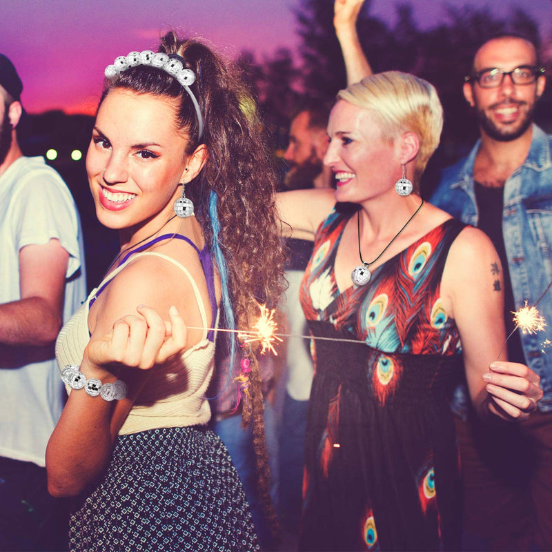 [Australia] - Hicarer 70s Disco Costume Disco Ball Earrings Disco Ball Necklace Disco Ball Bracelet Disco Ball Headband for Women 
