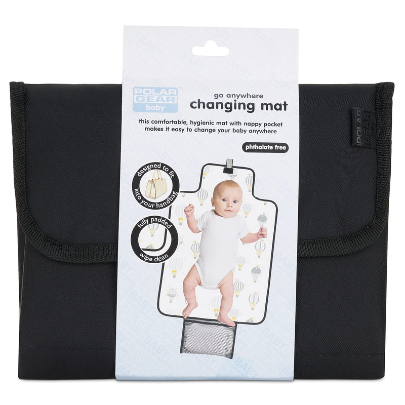 [Australia] - Polar Gear Baby Portable Changing Mat, Wipe Clean Compact Change Mat for Newborns & Toddlers, Travel Nappy Changing Bag with Pocket – Soft, Padded & Fits into Handbags/Backpacks – Hot Air Balloon Black, white, grey 