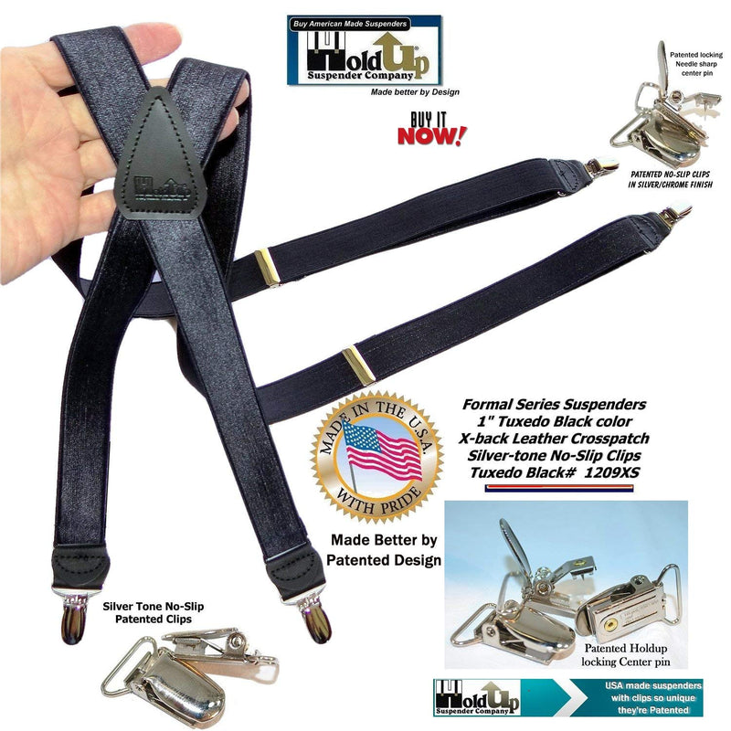 [Australia] - Tuxedo Black Formal Satin finish X-back 1" wide Holdup Suspenders with patented no-slip clips 