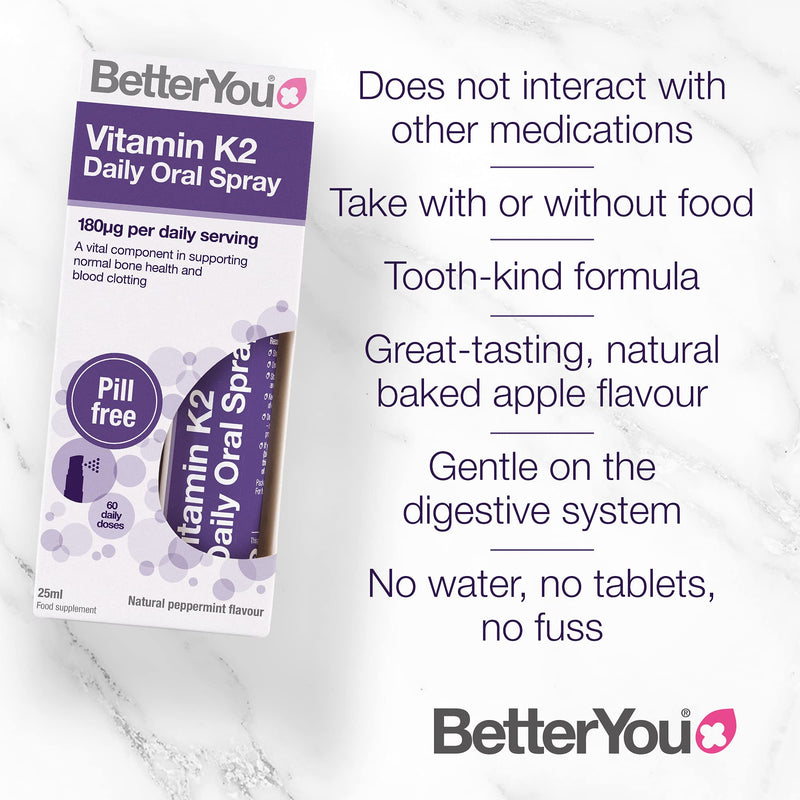 [Australia] - BetterYou Vitamin K2 Daily Oral Spray | Supports Normal Bone Health and Blood Clotting | 25ml (160 sprays) | Palm Oil Free | Natural Peppermint Flavour Single 