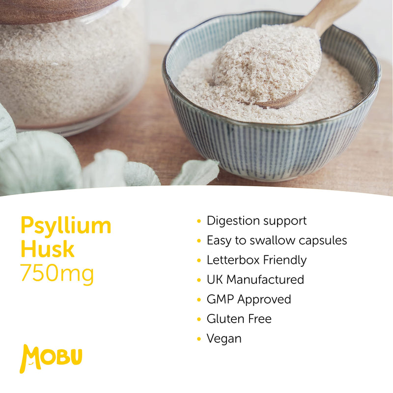 [Australia] - Psyllium Husk 750mg 120 Capsules | Fibre Supplement | High in Soluble Fibre | Digestion Support | Vegan UK Made | GMP Approved | MOBU 