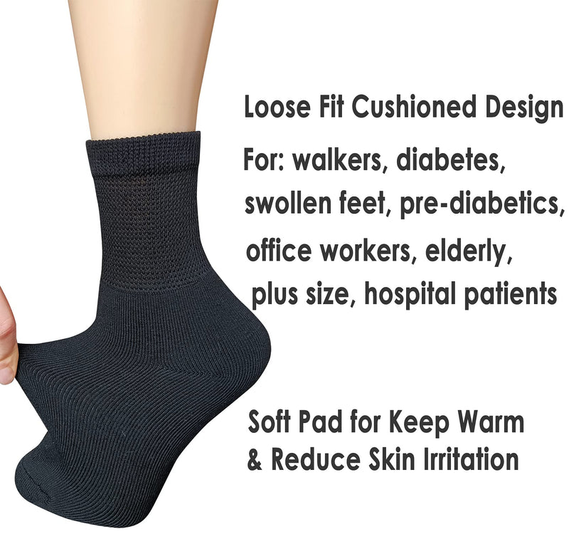 [Australia] - VEIGIKE Women Extra Wide Comfort Fit Loose Fit Quarter Socks Moisture Wicking Cushion Diabetic Socks Loose Fit for Wide Swollen Feet Ankle 4 pairs 9-11, Black, One Size 