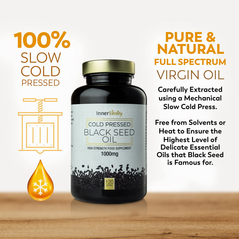 [Australia] - Black Seed Oil 120 Double Strength Capsules - Premium Cold Pressed Virgin Oil, High Strength Thymoquenine 3X% | 1000mg Softgels with Zero Additives (Non-GMO) Made in UK by Inner Vitality 