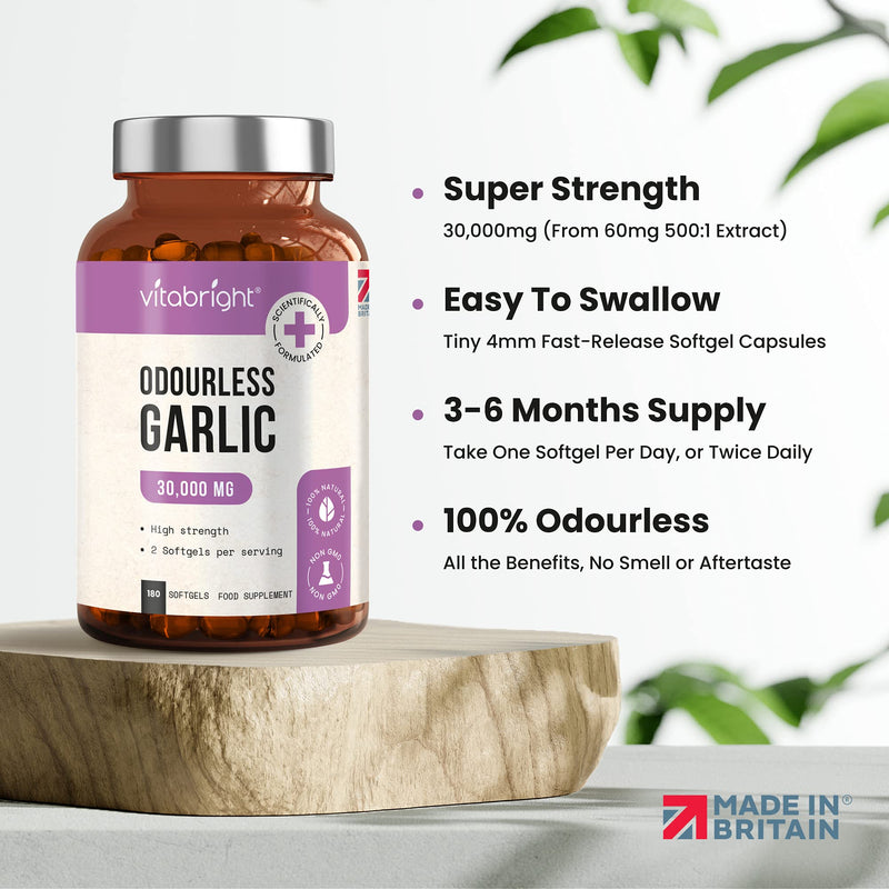 [Australia] - Odourless Garlic Capsules - High Strength 30,000mg - 180 Deodourised Garlic Oil Softgels – High in Allicin Garlic Supplement - 100% Natural Cold Pressed Garlic Tablets – Immune Support - Made in UK 