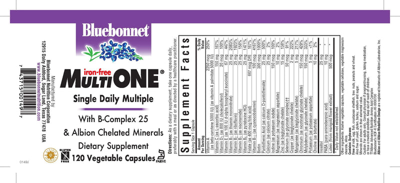 [Australia] - Bluebonnet Nutrition Multi One (Iron Free) Vegetable Capsules, Complete Full Spectrum Multiple, B Vitamins, General Health, Gluten Free, Milk Free, Kosher, 120 Count 