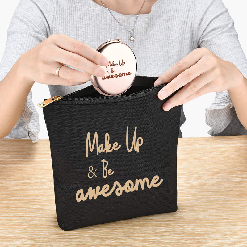 [Australia] - Make Up & Be Awesome -Birthday Gift For Sisters Friend Mom Wife -Makeup Bag And Rose Gold Mirror Gift -Set Of 2 