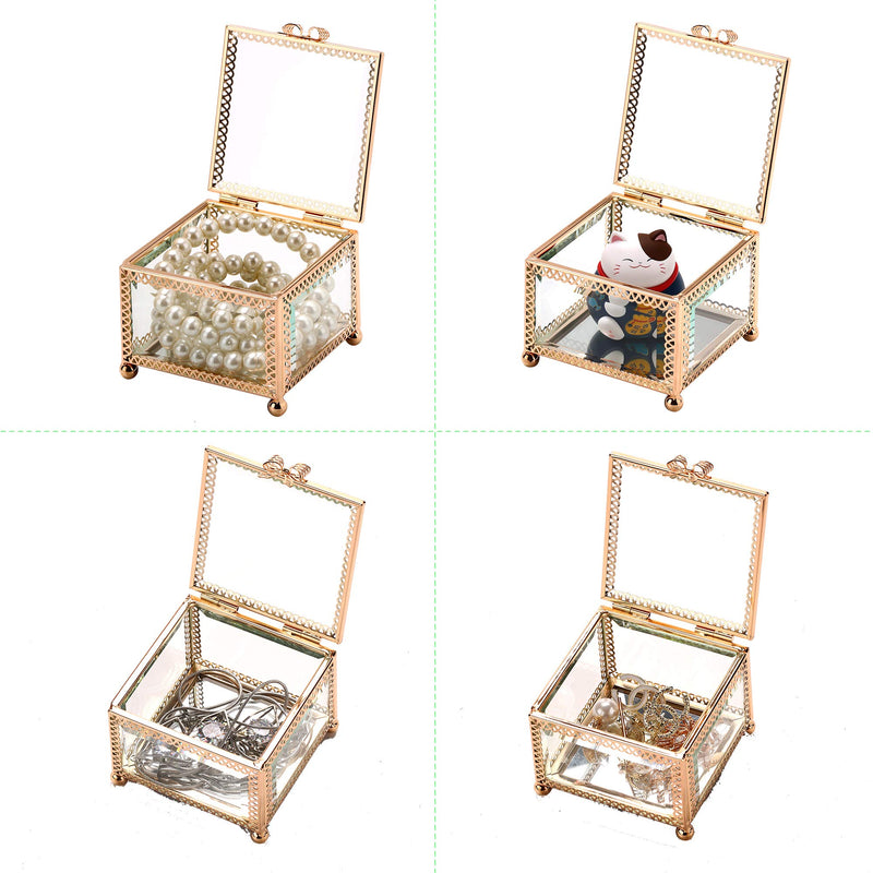 [Australia] - X-nego Handmade Art Gold Glass Jewelry Box Mirrored Keepsake Box Ornate Ring Earring Box for Girls Romantic Gift square 