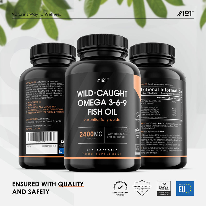 [Australia] - Omega 3-6-9 Fish Oil 2400mg - Wild-Caught - with Flax Oil & Borage Oil - 120 Softgels - No Additives � Non-GMO, Gluten Free, Halal 120 Count (Pack of 1) 