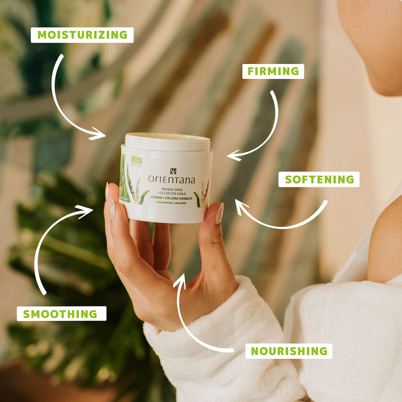 [Australia] - Orientana 100% Natural Rich Body Butter - Shea Butter Jasmine & Green Tea - Vegan Organic Scented Moisturiser - Hydrating Firming Relaxing Dry Sensitive Skin - Cocoa Almond Magnesium & Vitamin E, 100g 