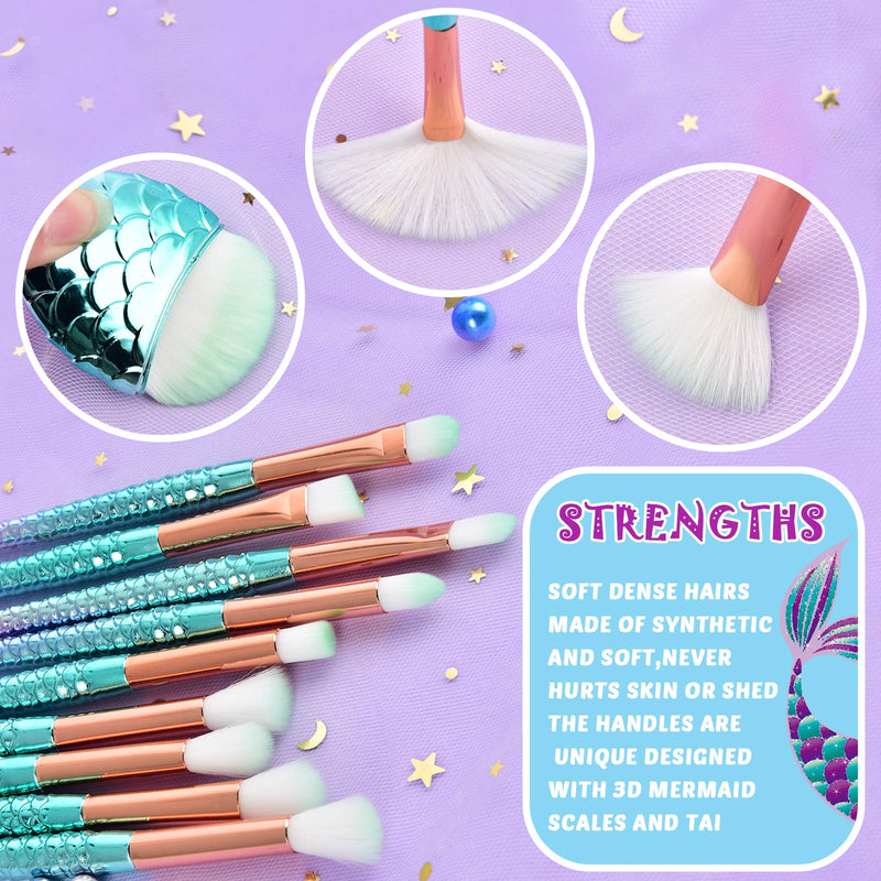 [Australia] - Mermaid Makeup Brush Sets with Bag - 13 PCS Beauty Makeup Tools Eye Shadows Eyeliner Concealer Foundation Blending Blush Brushes Shell Compact Pocket Mirror Sequins Cosmetic Case Bag Mermaid A 