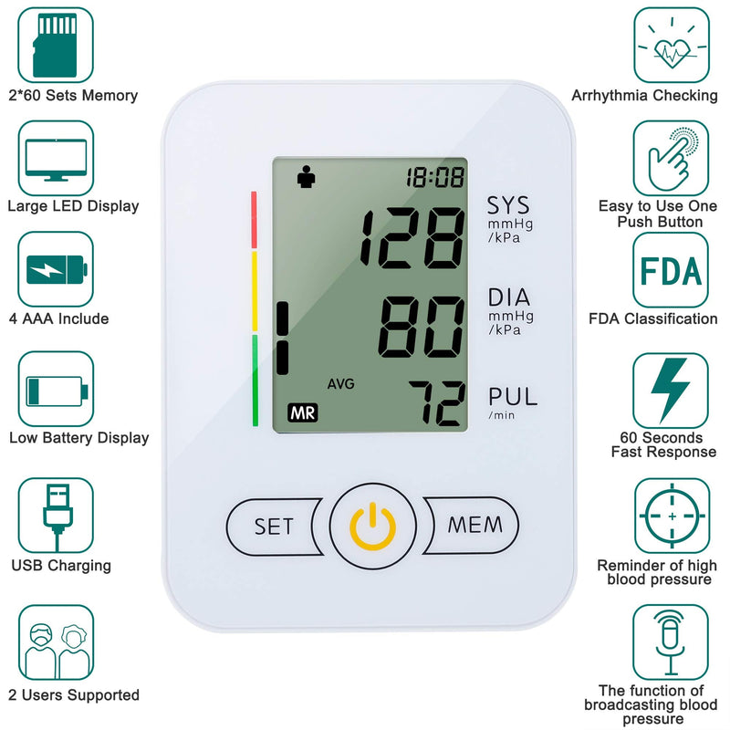 [Australia] - Blood Pressure Monitor-Upper Arm Cuff, Extra Large Cuff Upper Arm, BP Cuff Automatic Upper Arm, with 22-42 cm Wide-Range Large Cuff 60 Groups Reading Memory for Home Use（White） White 