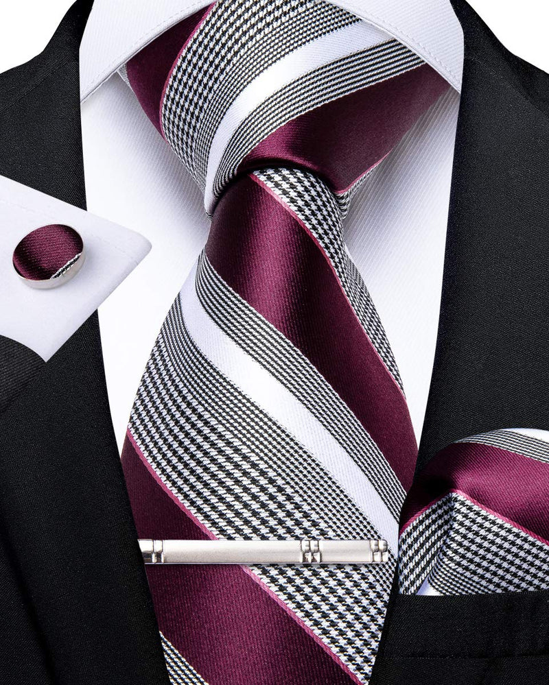 [Australia] - DiBanGu Men's Stripe Tie Silk Woven Necktie Pocket Square Cufflink Set Formal Business Prom Wedding 01 Grey and Burgundy 