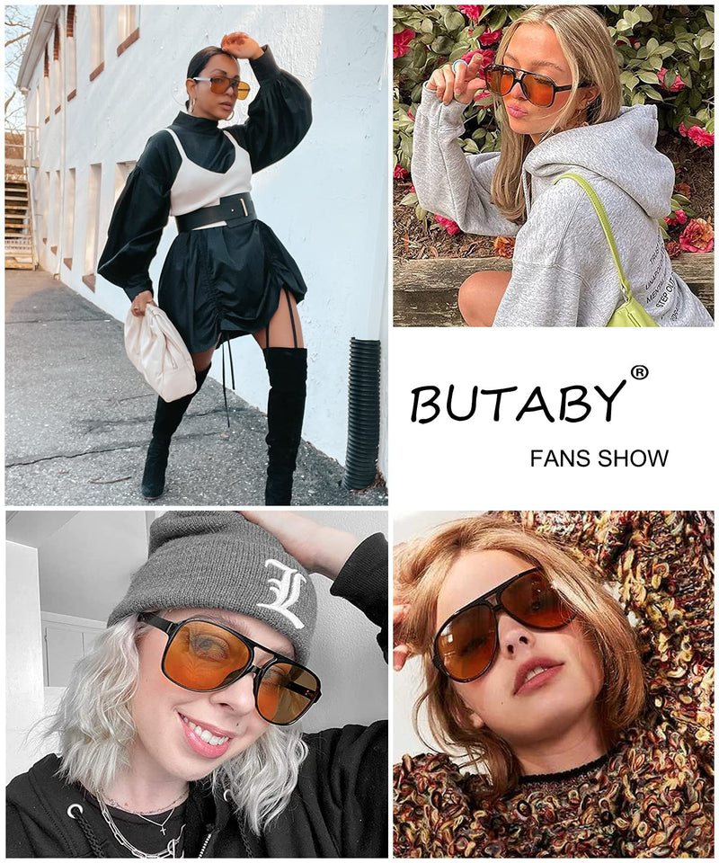 [Australia] - BUTABY Vintage Aviator Sunglasses for Women Men Retro 70s Glasses Classic Large Squared Frame UV400 Protection Black Frame Yellow Lens+black Frame Brown Lens 