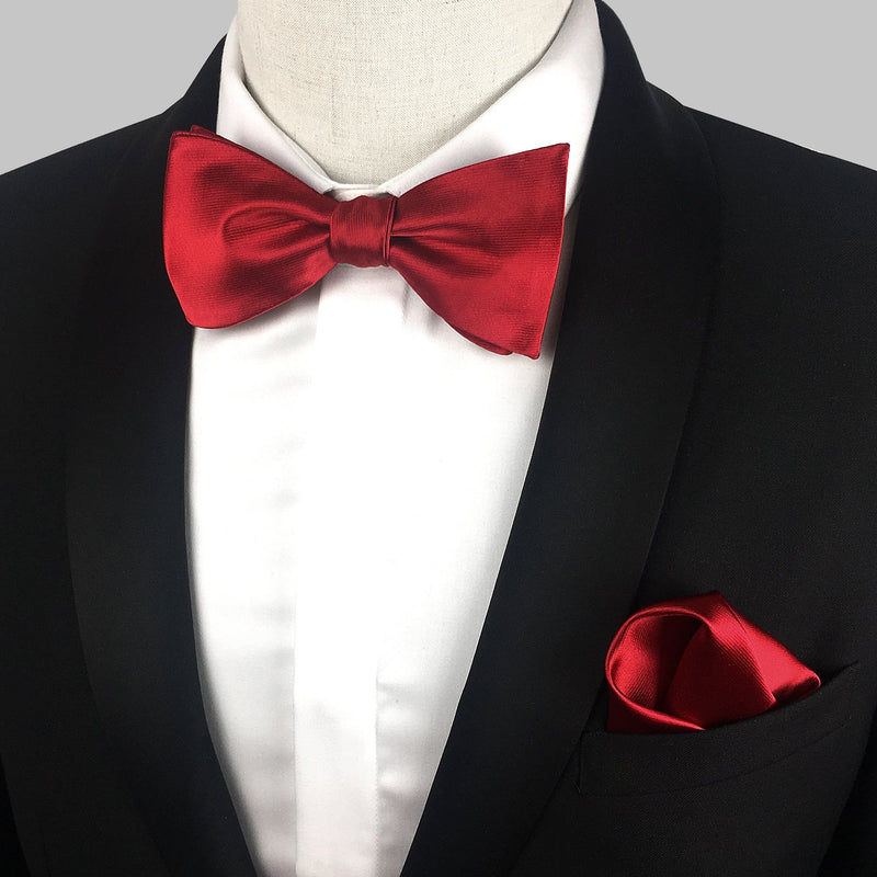 [Australia] - KOOELLE Mens Premium Silky Bowties Tuxedo Solid Colors Bow Ties & Pocket Square Set True Red 