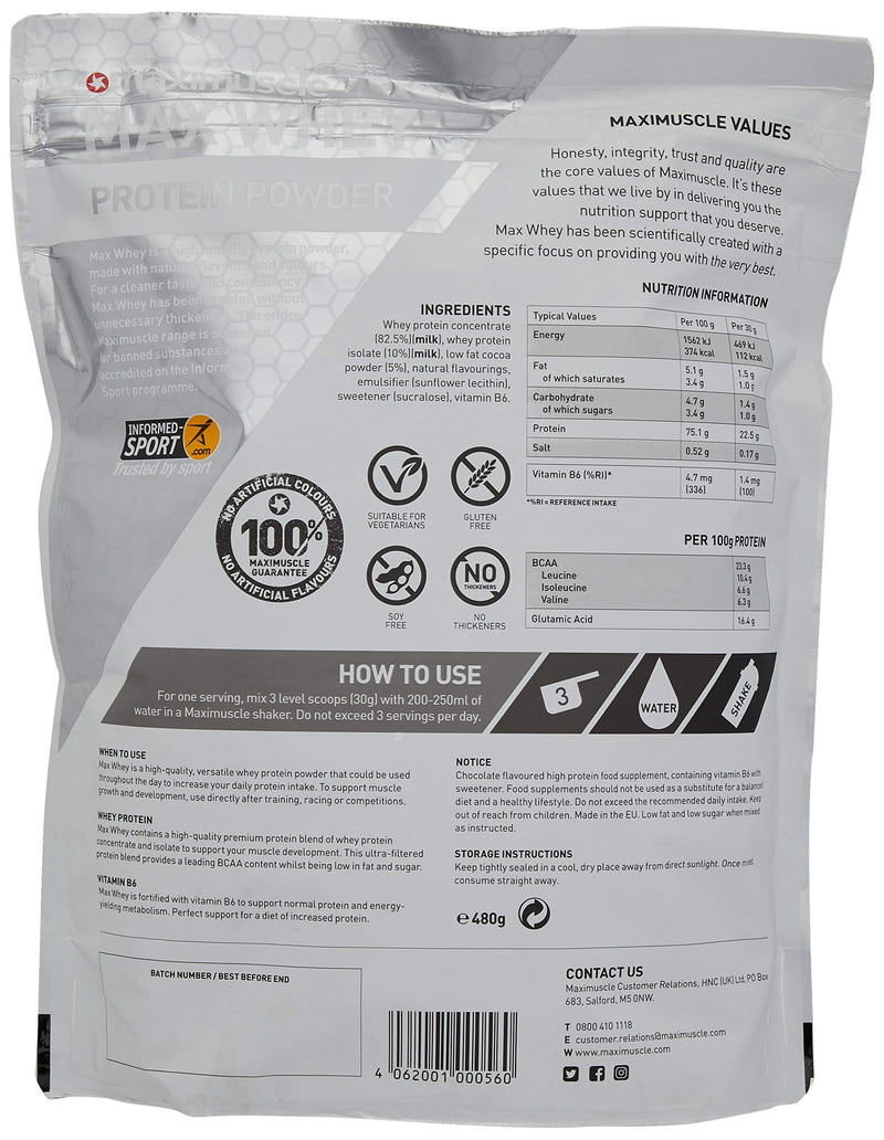 [Australia] - Maximuscle Max Whey | Whey Protein Powder | Protein Shake with Whey Isolate & Concentrate | Low Fat, Low Sugar, Gluten-Free | Chocolate, 480g - 16 Servings 