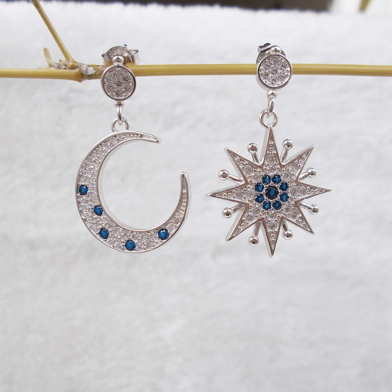 [Australia] - Hiqmic 925 Sterling Silver Star Moon Ear Stud Earrings White Gold Plated Jewelry_WA90127 