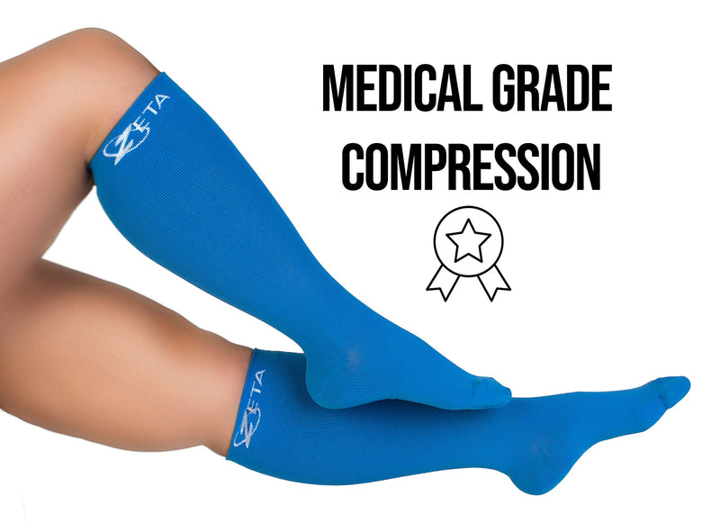 [Australia] - Zeta Socks XXXL Wide Plus Size Calf Compression, Soothing Comfy Gradient Support, Prevents Swelling, Pain, Edema, DVT, Large Cuffs, Stretch to 26 Inches, Unisex, for Flights (Blue, 3X-Large) 