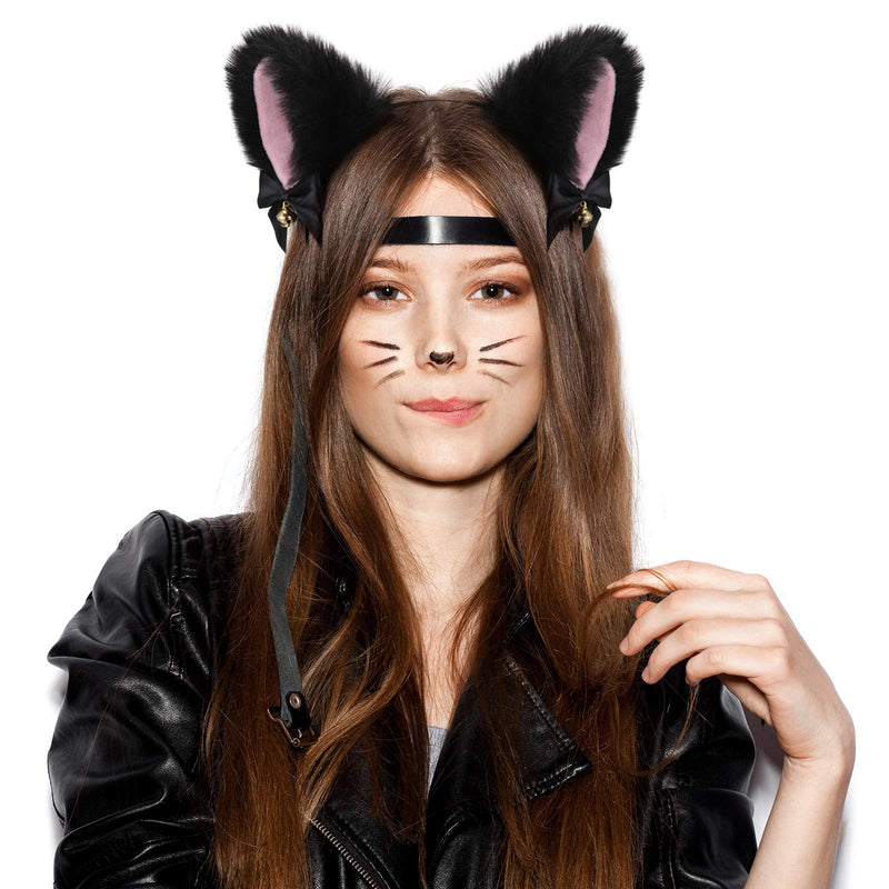 [Australia] - 2 Pieces Cat Ear Headband with Bells Cosplay Girl Plush Furry Cat Ears Headwear Fancy Dress Cat Ear Hairband for Costume Party White, Black 