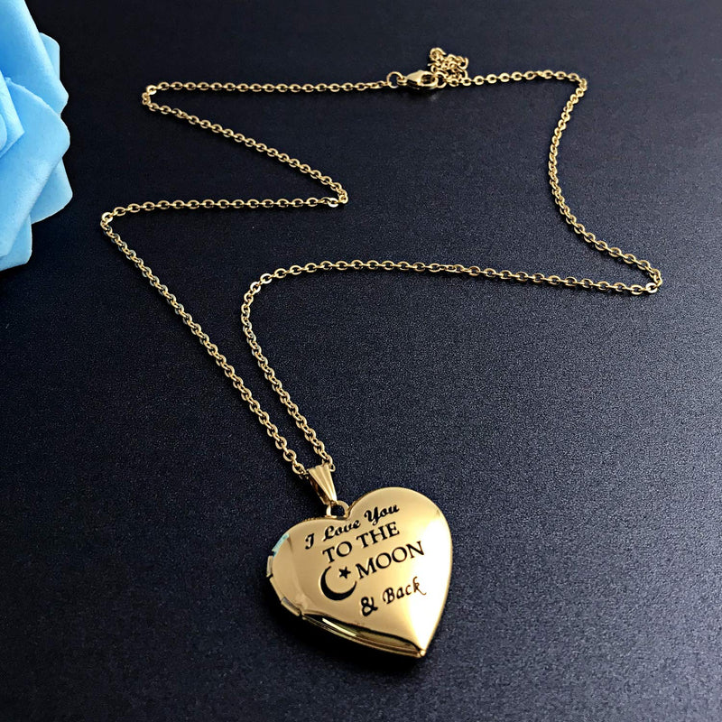 [Australia] - YOUFENG Love Heart Locket Necklace That Holds Pictures Engraved I Love You to The Moon and Back Photo Lockets 18K Gold locket 