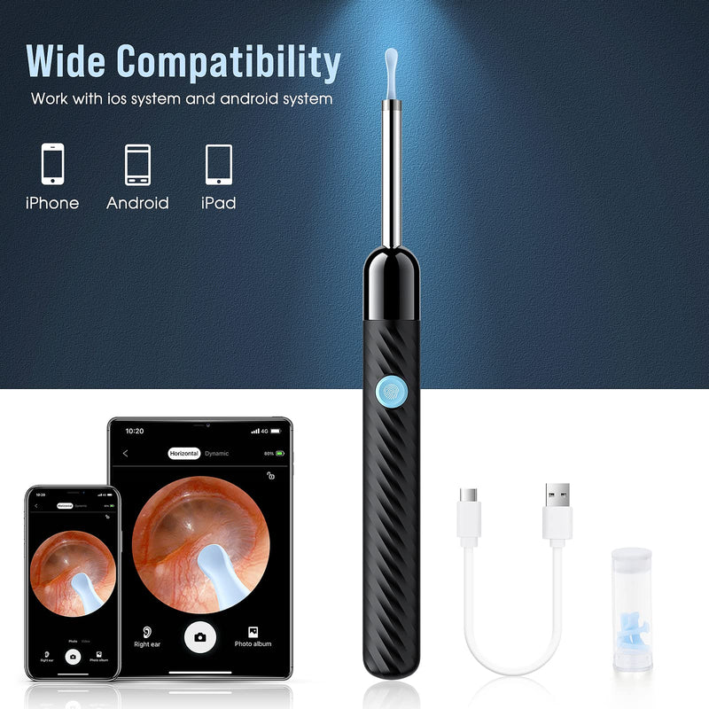 [Australia] - Ear Wax Removal - Earwax Remover Tool with 8 Pcs Ear Set - Ear Cleaner with Camera - Earwax Removal Kit with Light - Ear Camera with 6 Ear Spoon - Ear Cleaner for iOS & Android (Black) Black 