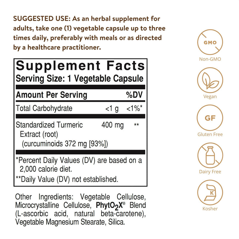 [Australia] - Solgar Standardized Turmeric Root Extract 400 mg, 60 Vegetable Capsules - Antioxidant Support for Brain, Joint, & Immune Health - Non-GMO, Vegan, Gluten Free, Dairy Free, Kosher - 60 Servings 