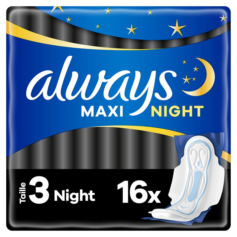 [Australia] - Always Maxi Sanitary Towels, Size 3, Night, 16 Towels with Wings, Very Abundant Night Flow, Ultra Absorbent Heart and Leak Proof Barriers 