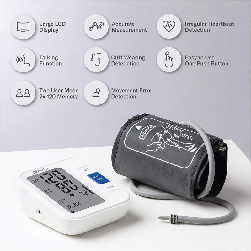 [Australia] - Alcedo Blood Pressure Monitor Upper Arm, Automatic Digital BP Machine with Wide-Range Cuff for Home Use, LCD Screen, 2x120 Memory, Talking Function 