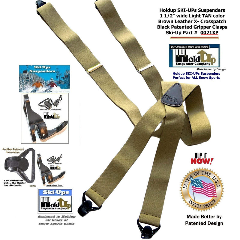 [Australia] - Holdup Brand Light Tan Snow Ski Suspenders in 1 1/2" width and X-back style with black Patented Gripper Clasp 