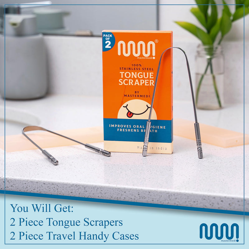 [Australia] - MasterMedi Tongue Scraper with Travel Case (2 Pack), Bad Breath Treatment Tongue Scraper for Adults, Medical Grade 100% Stainless Steel for Oral Care, Easy to Use Tongue Cleaner for Hygiene 2 Count (Pack of 1) 
