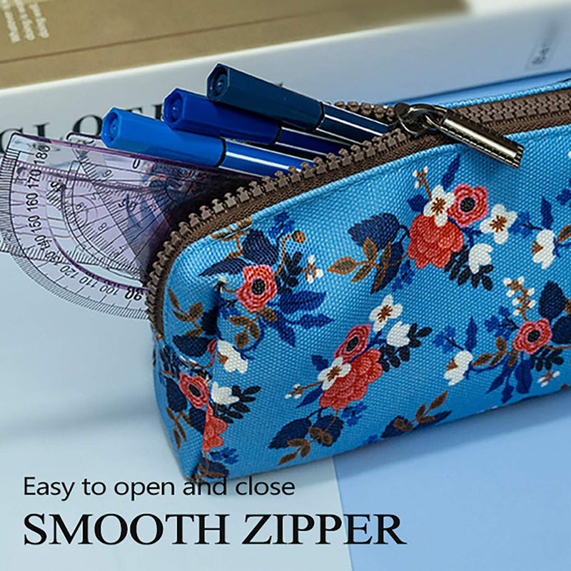 [Australia] - LParkin Birch Floral Canvas Pencil Case Teacher Gift Flower Pen Bag Gadget Pouch Stationary Case Makeup Cosmetic Bag Box Blue 