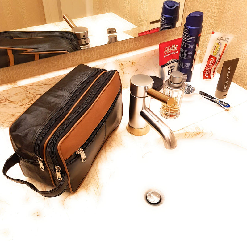 [Australia] - Roamlite Leather Toiletry Wash Bag for Toiletries - Holiday Travel Washbag - Gym Bathroom or Shower Shaving or Cosmetics Kit Bag - Unisex Suitable as Men's or Ladies - 3 Zipped Sections - 2 Tone RL155 