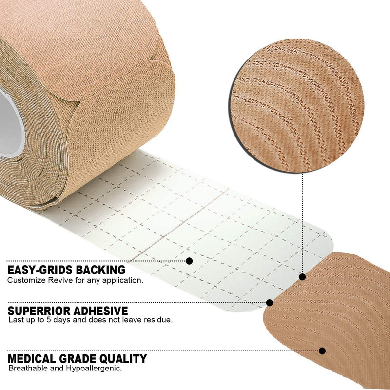 [Australia] - REFUN Kinesiology Tape Precut (4 Rolls Pack), Elastic Therapeutic Sports Tape for Knee Shoulder and Elbow, Pain Relief, Waterproof, Latex Free, 2" x 16.5 feet Per Roll, 20 Precut 10 Inch Strips Beige 