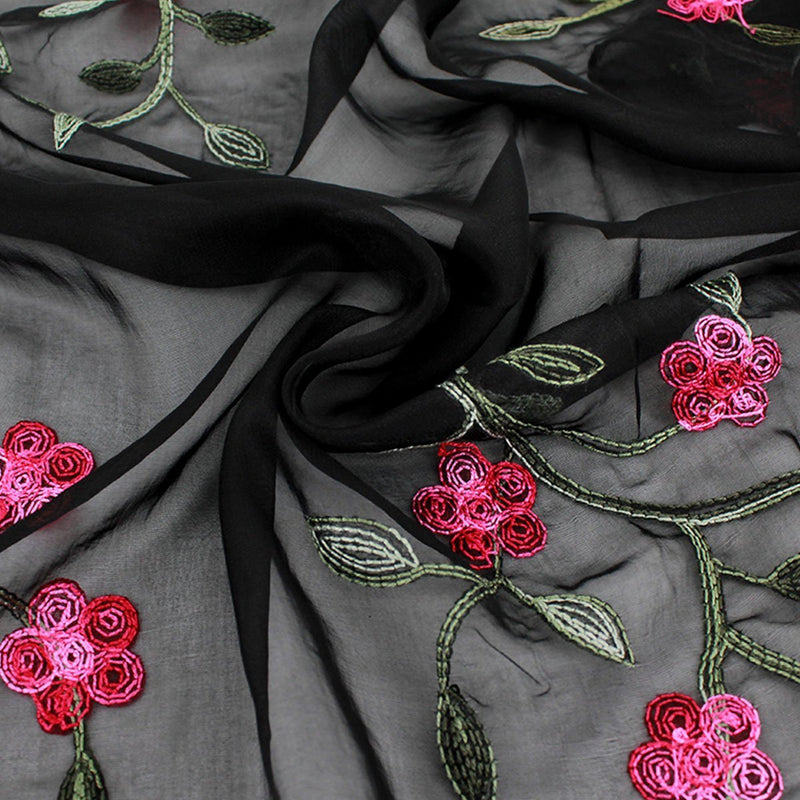 [Australia] - Meliya Fashion Lady Women Long Scarf Ultra-thin Floral Embroidery Sheer Chiffon Shawl Wrap Sunscreen Black 