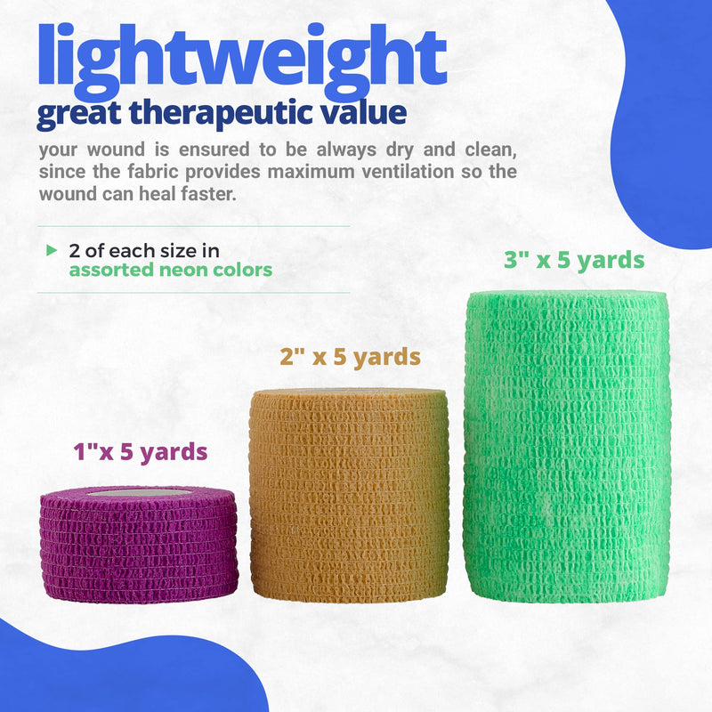 [Australia] - 6 Pack, Self Adherent Cohesive Tape - 1" 2" 3" x 5 Yards Combo Pack, Self Adhesive Bandage Rolls & Sports Athletic Wrap for Ankle, Wrist, Sprains and Swelling, Vet Wraps in Neon Colors 