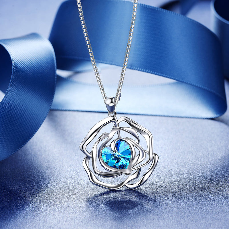 [Australia] - Menton Ezil "Rose Lover Swarovski Necklace 18K White Gold Flower Pendant Fashion Jewlery - Gift of Love Blue 