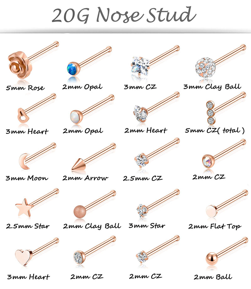 [Australia] - Tornito 20G 20Pcs Nose Ring CZ Nose Stud Retainer L Bone Screw Shaped Nose Piercing Jewelry Set for Women Men Stainless Steel Rose Gold Tone A:20Pcs,Bone Shaped, Rose Gold Tone 