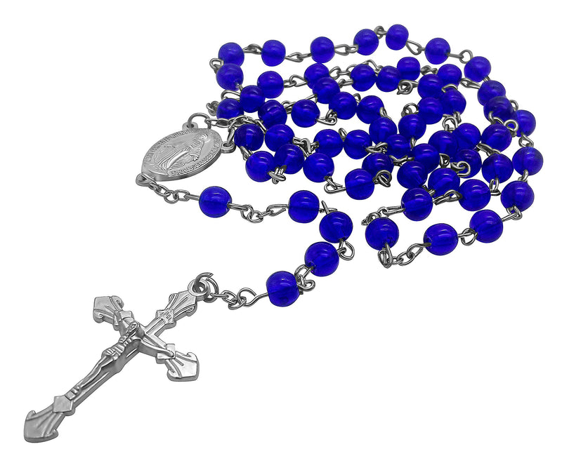 [Australia] - Nazareth Store Catholic Rosary Necklace Round Dark Blue Crystal Beads Miraculous Medal & Cross Handmade Long Chaplet 