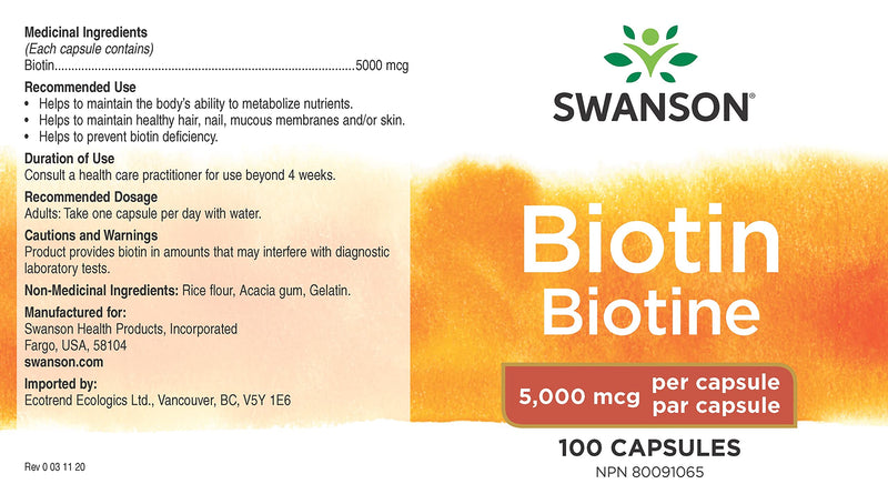 [Australia] - Swanson Biotin Vitamin B7 5000 mcg 100 Capsules 1 